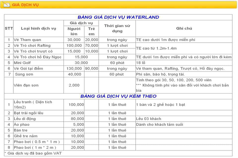Bảng giá dịch vụ ở khu du lịch Waterland suối Thạch Lâm Nha Trang.